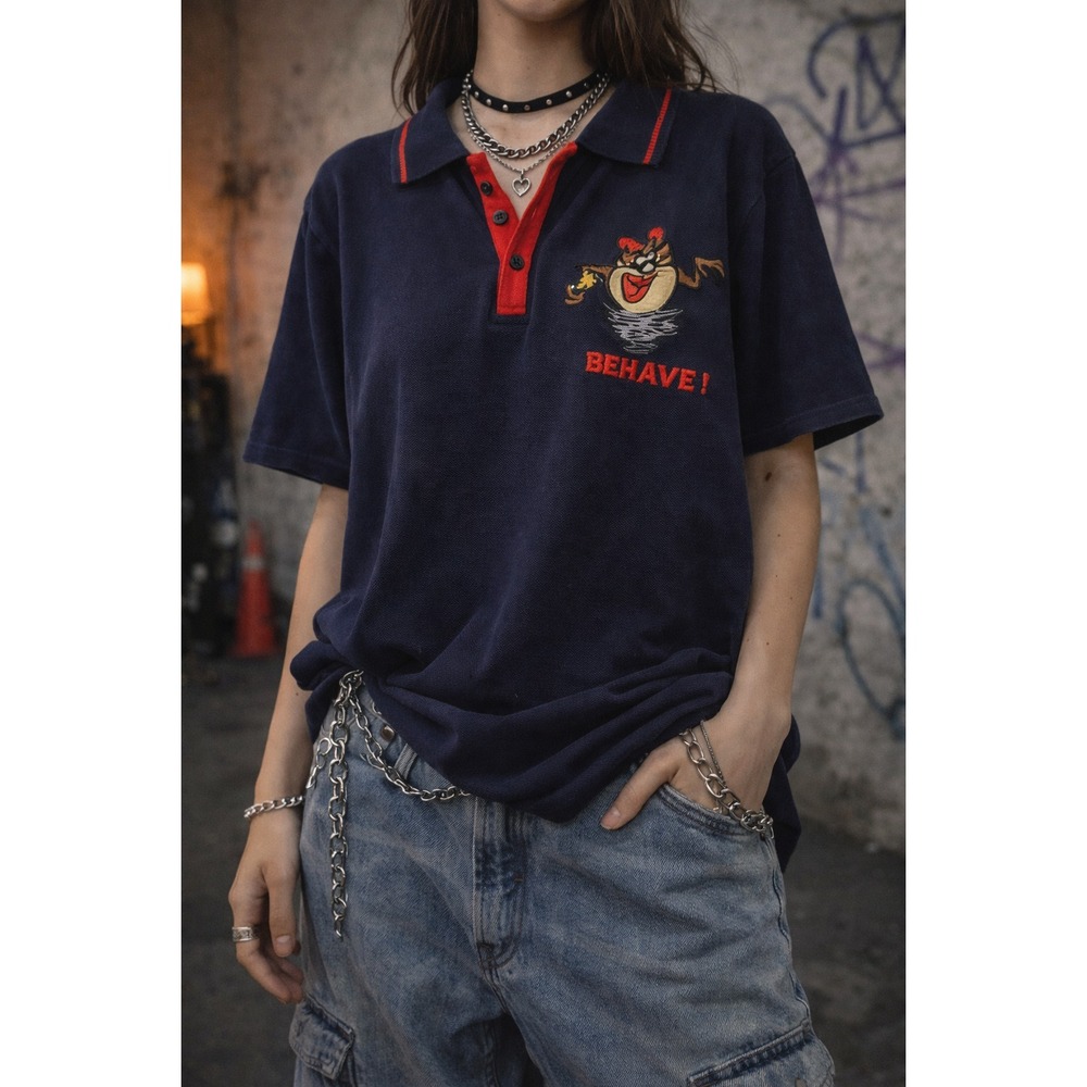 Y2K Looney Tunes Taz Embroidered Polo Shirt Navy‎ Red Vintage 2000